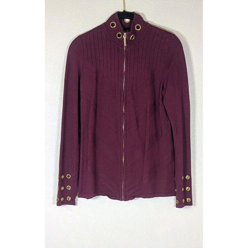 BELLDINI Maroon/Gold Full Zip Cardigan Grommet Embellished Med